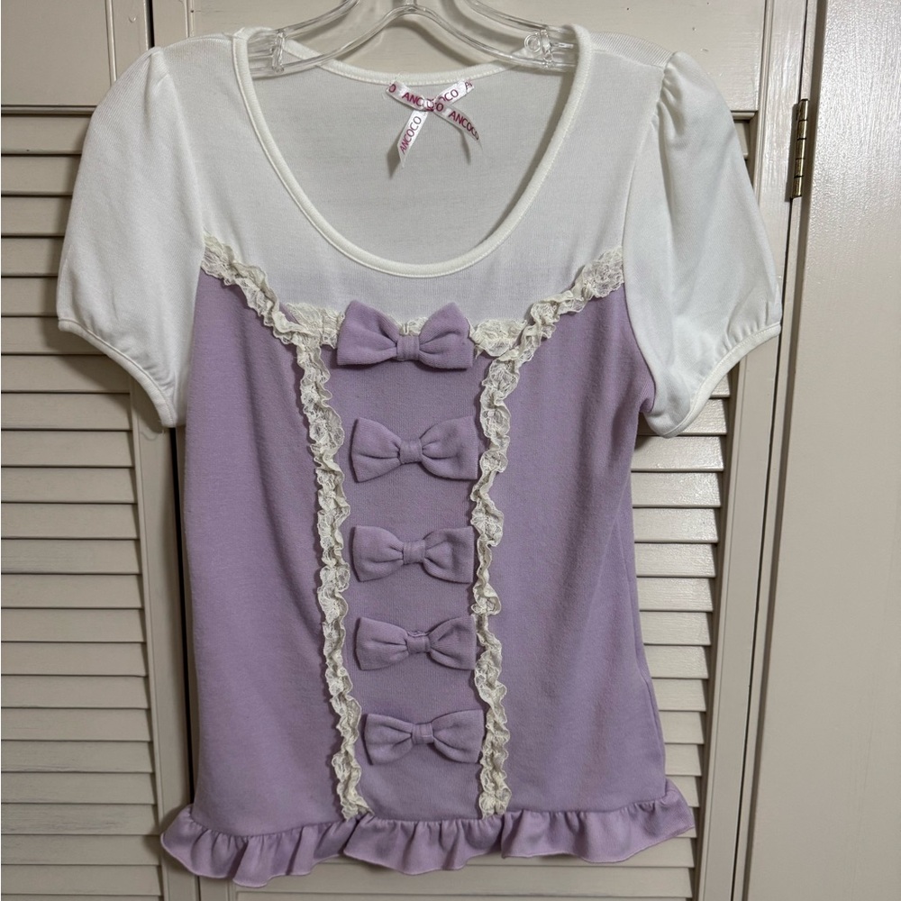 Ancoco pretty lavendar bow ruffle lace shirt sleeve top